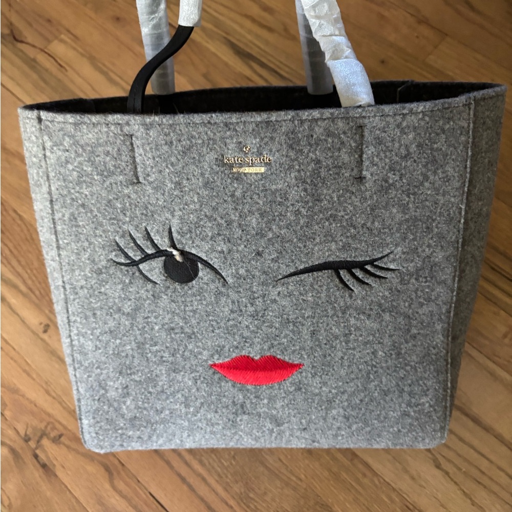 Kate Spade Gray Felt Tote with Winking Face